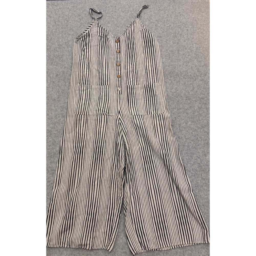 Billabong Womens Striped Wide Leg Linen Blend Jumpsuit Black White Small Boho